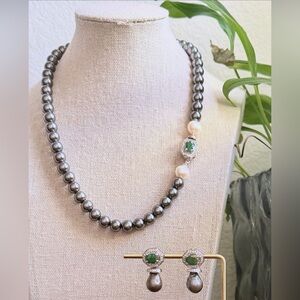Elegant Gray shell Pearl Necklace and Earring Set